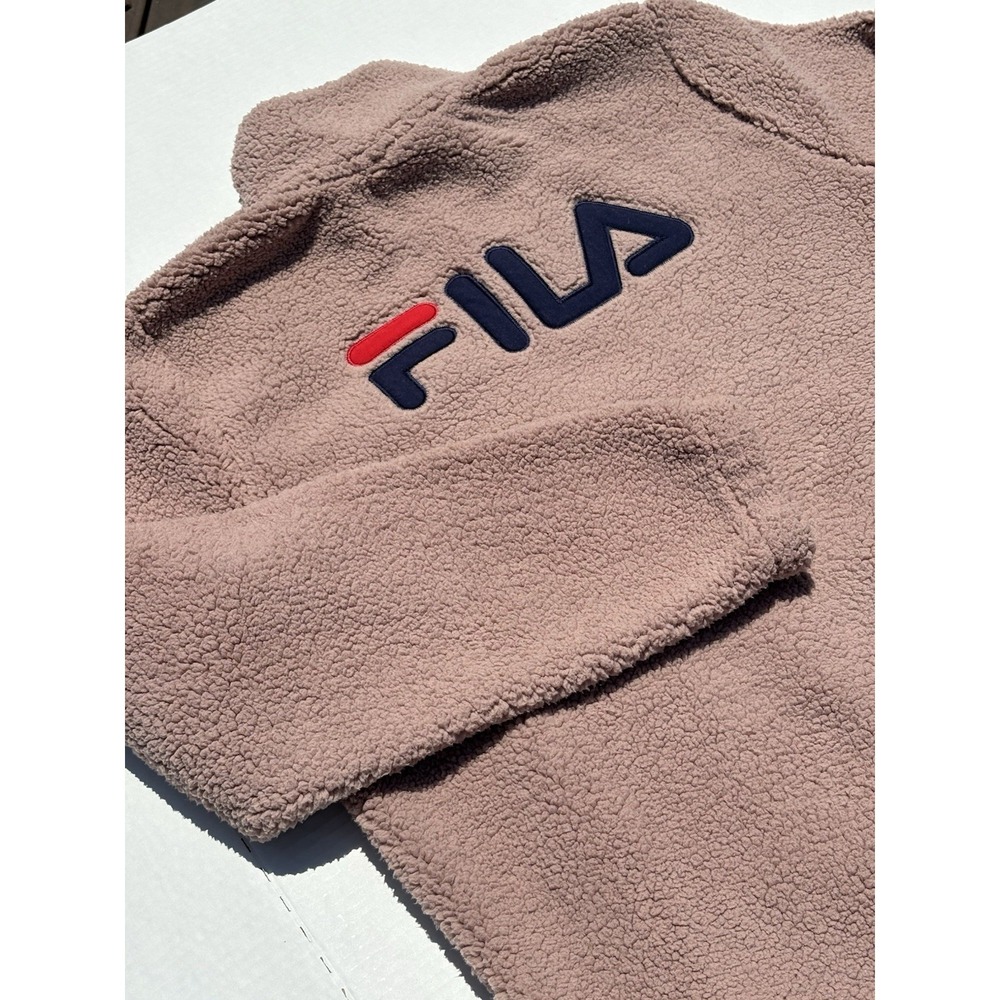 Fila Women's Jacket Size Small Blush Pink Sherpa Zip Up Large Logo Cozy Thick